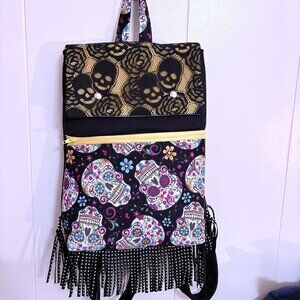 Women's Backpack, Sugar Skulls, Fringe, Zippered Compartment, Roomy
